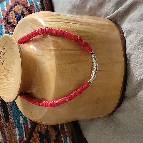Red Coral Necklace With .925 silver Hammered Hardware and Closure.  17" length - Picture 3 of 11